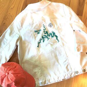 Upcycled White Jean Jacket: Table Rock Lake Map Hand Painted Denim Coat, Size M